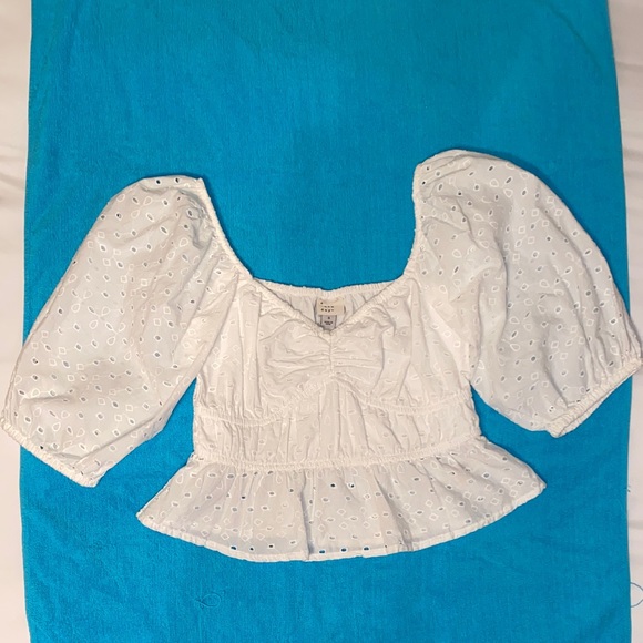 a new day Tops - a new day White Eyelet Puff-Sleeve Peplum Top